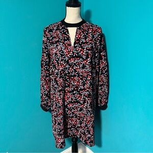 LOFT M Multicolor Berry Floral Print Velvet Trim Cutout Long Sleeve Shift Dress